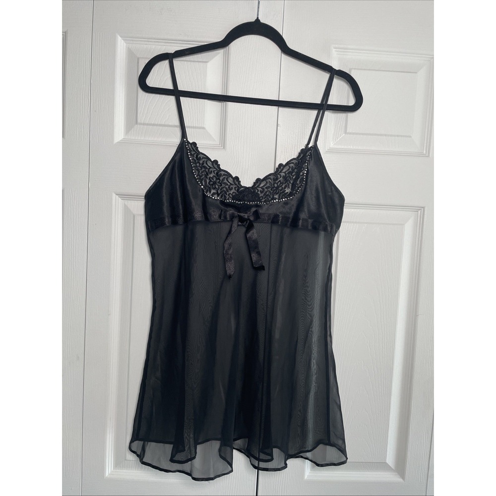 Fantasies Morgan Taylor Lace Satin Babydoll Womens Size L Black Sheer Lingerie